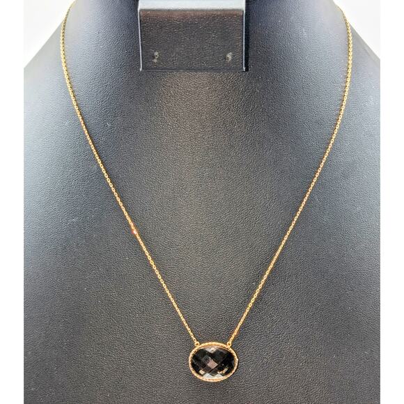 925 Sterling Gold Vermeil Faceted Bezel Set Smoky Quartz Pendant Chain Necklace - Picture 2 of 5